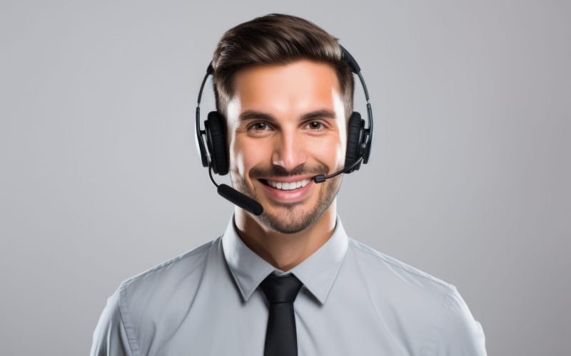 young caucasian telemarketer agent and corporate operator concept